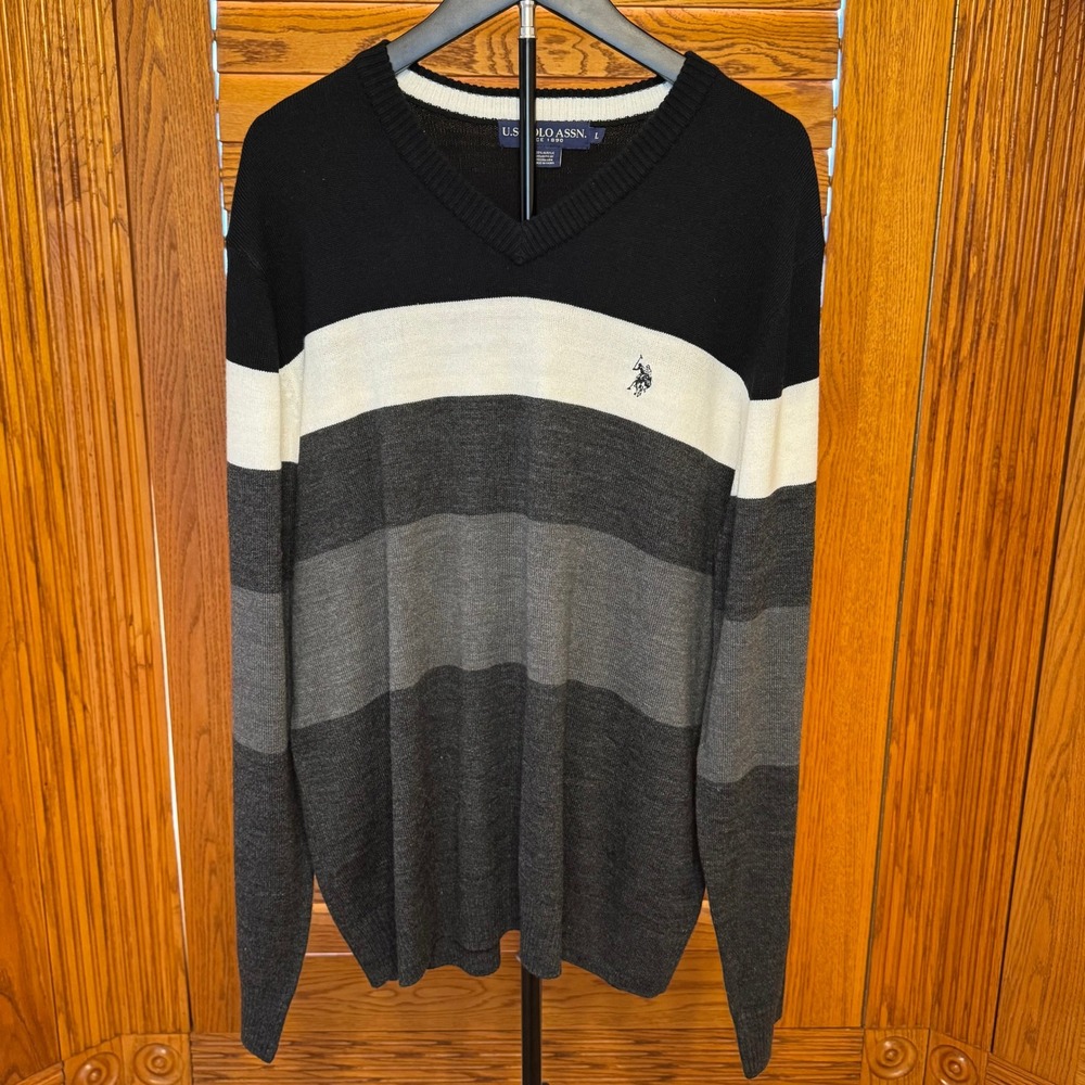 US Polo Assn Mens V-Neck Striped Sweater Black Grey White Large